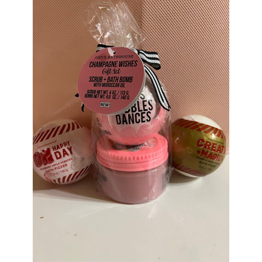 NEW Simple Pleasures Bath Bomb Fizzer Onyx Bathhouse Sugar Scrub Set